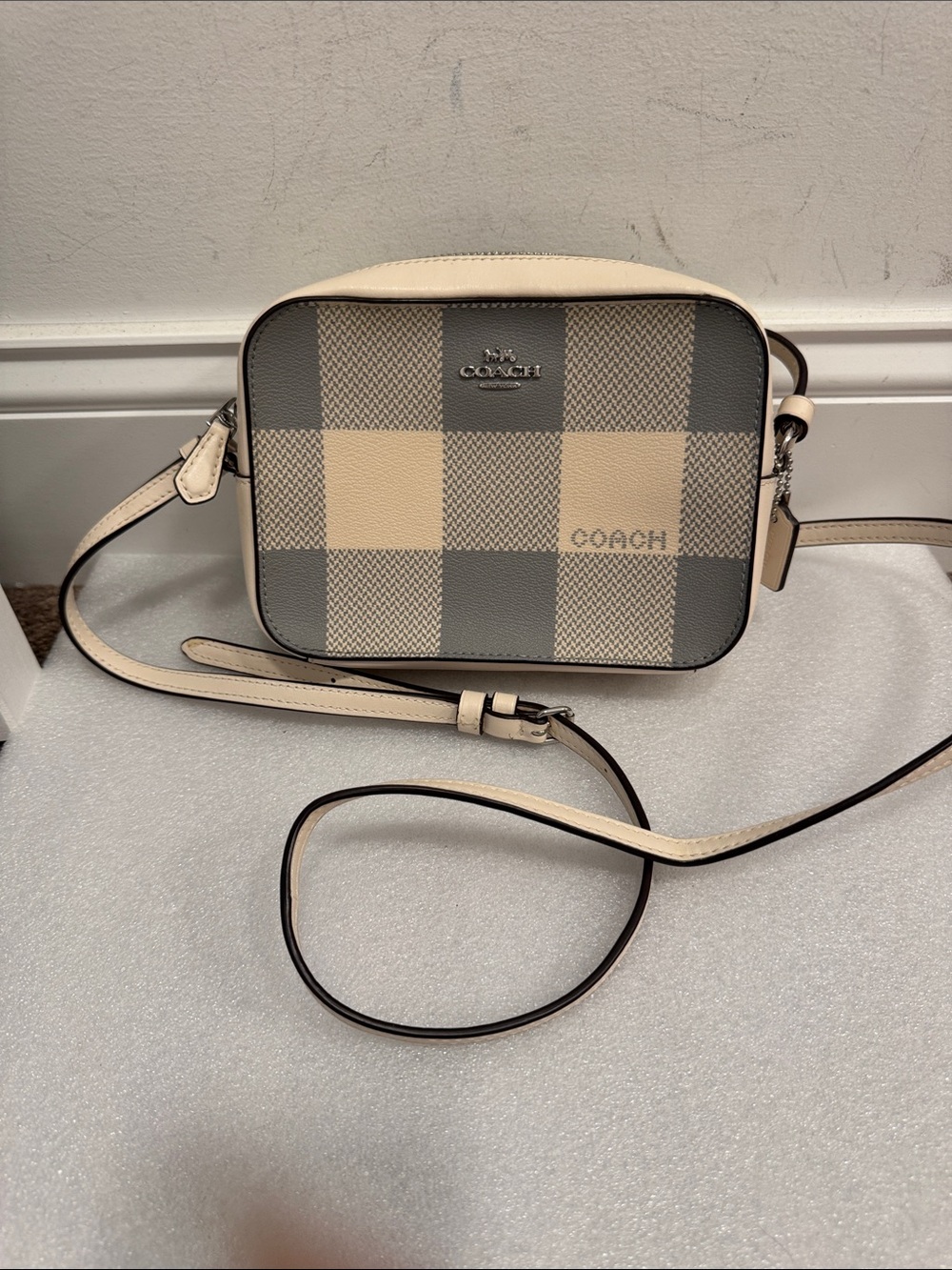 Coach buffalo plaid print mini camera crossbody bag purse with hangtag
